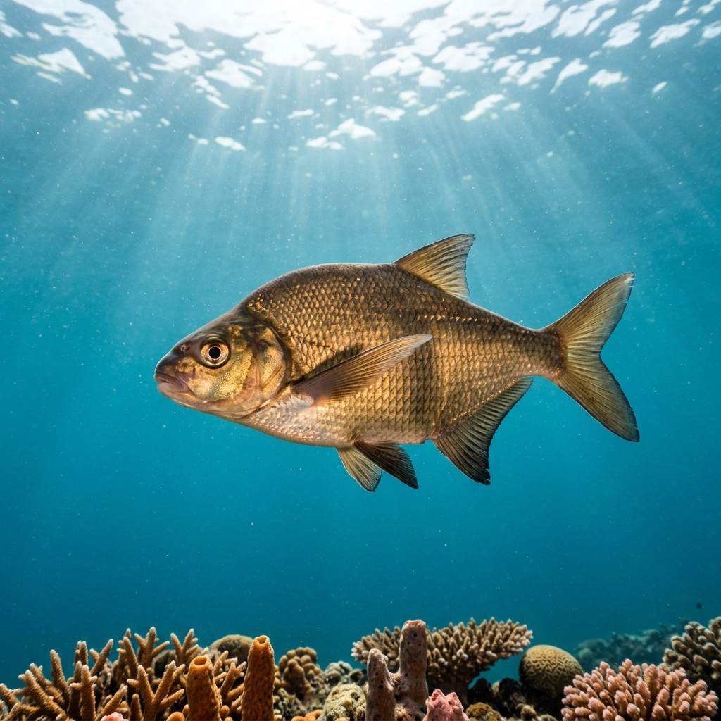 Bronze bream, a deep-bodied silver-bronze freshwater fish with small head and high back, swimming near a freshwater lakebed.