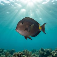 Adult Monrovia doctorfish with a grey-brown oval body and pale tail cruising over a rocky reef.