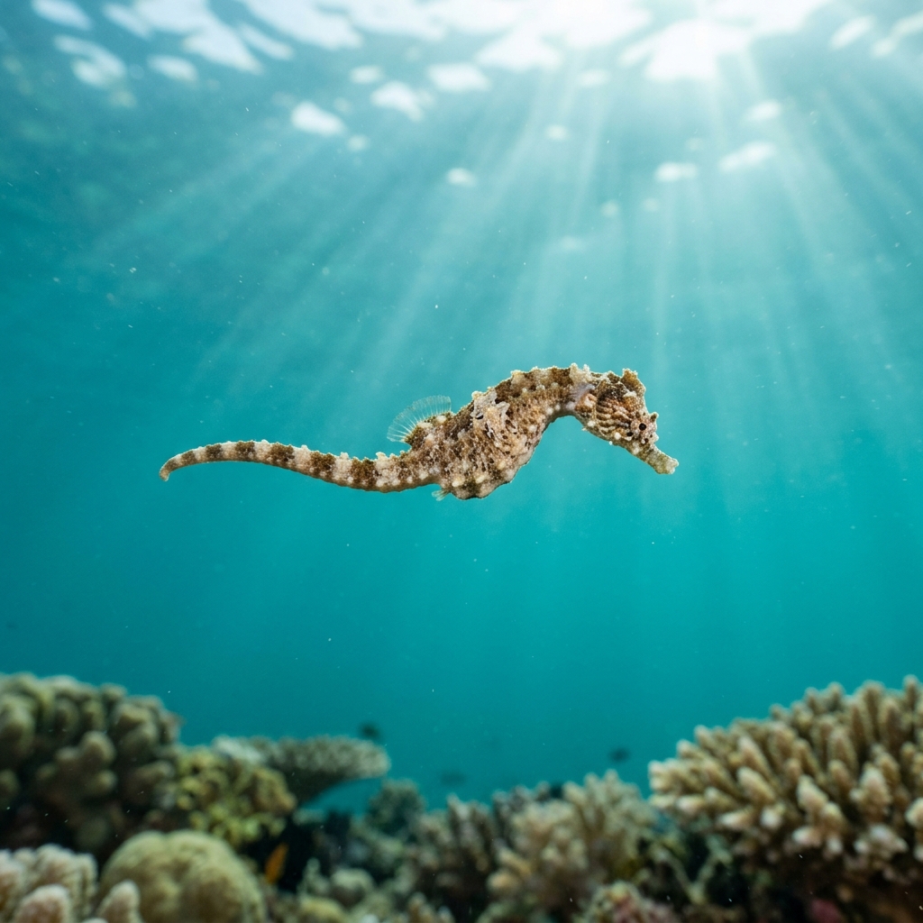 Dwarf pipehorse clinging to a coral or algae structure, showing a small elongated body with a curled tail and muted brown colouration.