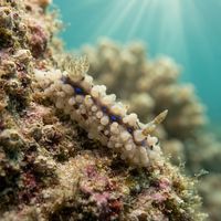 Small white nudibranch with raised yellow-tipped tubercles on dark rocky reef substrate.
