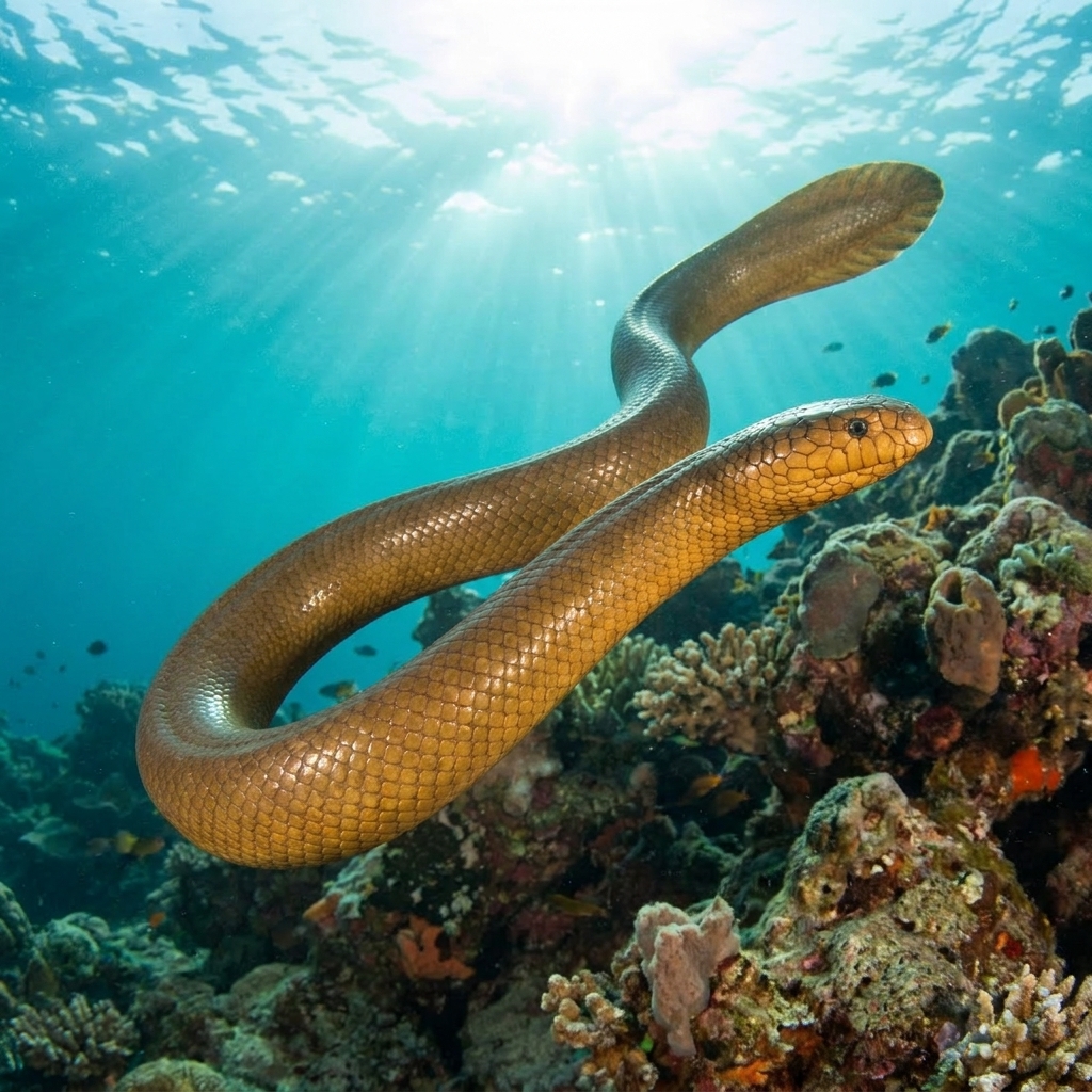 Olive-brown seasnake with smooth olive-brown scales and a flattened paddle tail gliding over a shallow coral reef.