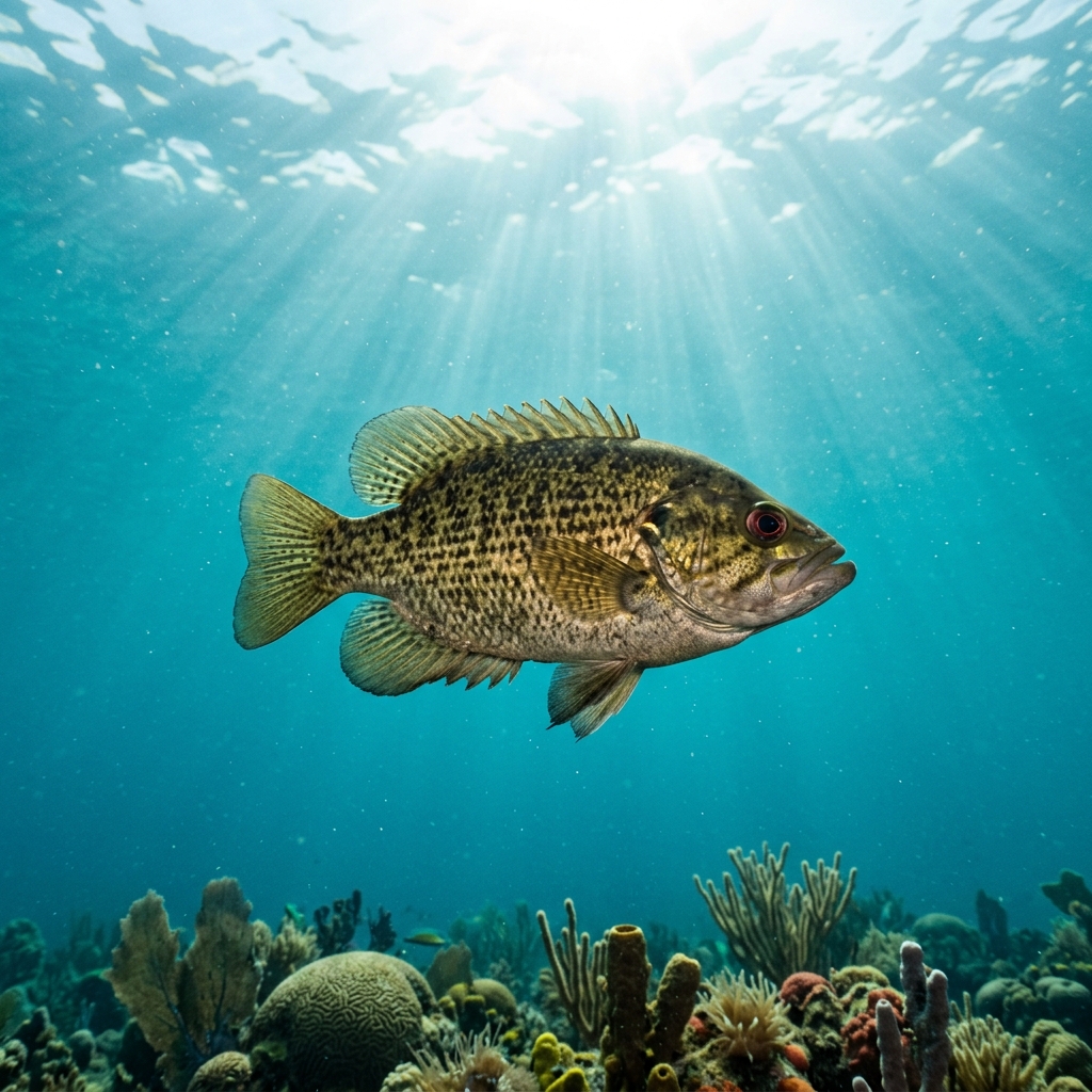 Rock Bass with olive-brown mottled body, red eye, and dark vertical barring resting near rocky freshwater substrate.