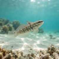 Half-barred goby resting near its burrow entrance on a sandy reef patch with pale body and dark bars.