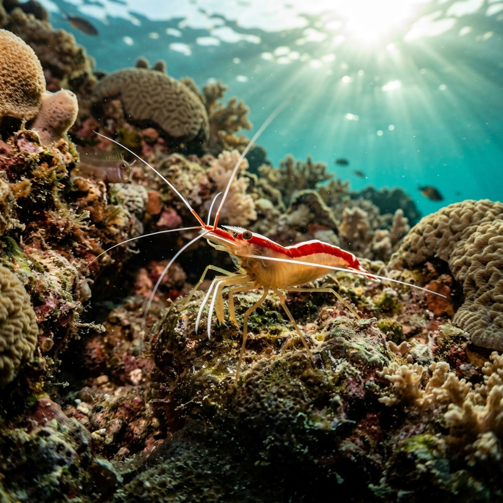 Ambon Cleaner Shrimp (Caridina multidentata) on a coral reef