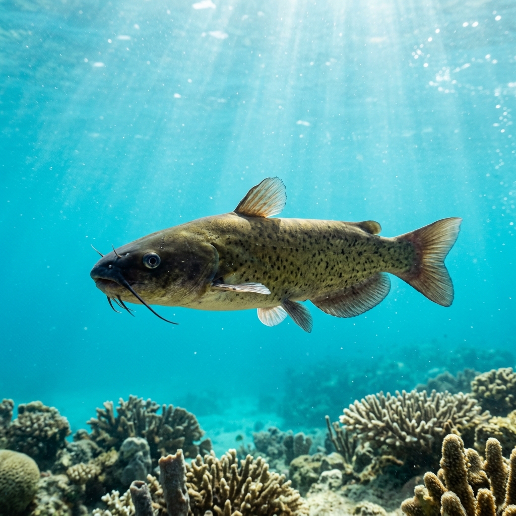 Brown bullhead catfish with mottled brown-grey skin and long barbels resting on a sandy freshwater lakebed.