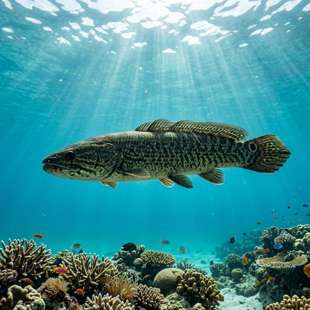 Bowfin resting near a freshwater lakebed, showing its elongated dark-green body and long dorsal fin.