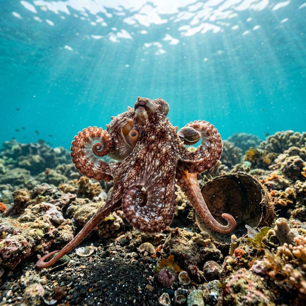 Coconut Octopus with dark mantle, white-tipped suckers and webbed arms sheltering inside a coconut shell on a sandy seabed.