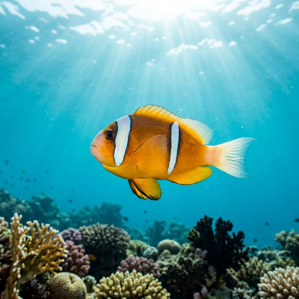 Twoband Anemonefish with orange body and two white vertical bands nestled among the tentacles of a sea anemone on a coral reef.