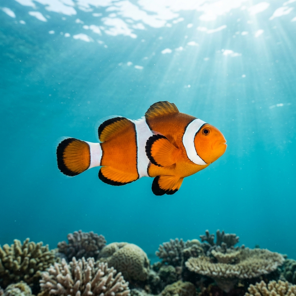 Mauritian Anemonefish with orange body and white head bar nestled among sea anemone tentacles on a shallow reef.