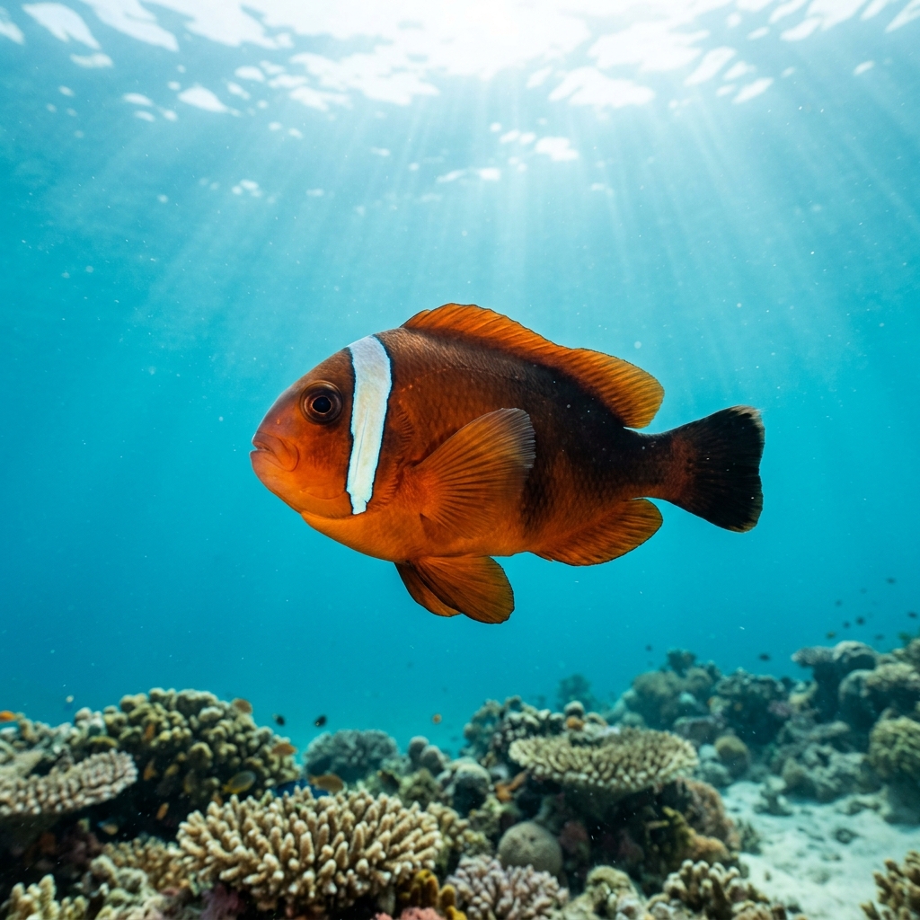 Blackback Anemonefish with bright orange body, single white head stripe, and dark back nestled in an anemone on a coral reef.