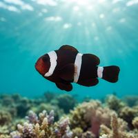 Adult three-band anemonefish with orange body and three white bars nestled in a sea anemone.
