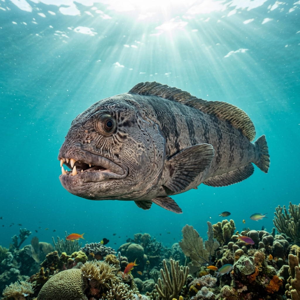 Atlantic Wolffish with blunt head, prominent fang-like teeth, and mottled grey-brown body resting in a rocky crevice.