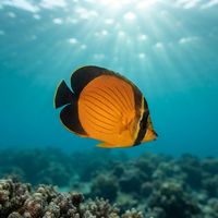Adult Arabian Butterflyfish with a dark grey-black body and yellow-edged fins over a rocky reef.