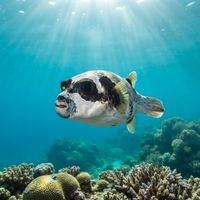 Adult masked puffer with a grey-brown body and dark eye mask resting near a Red Sea coral reef.