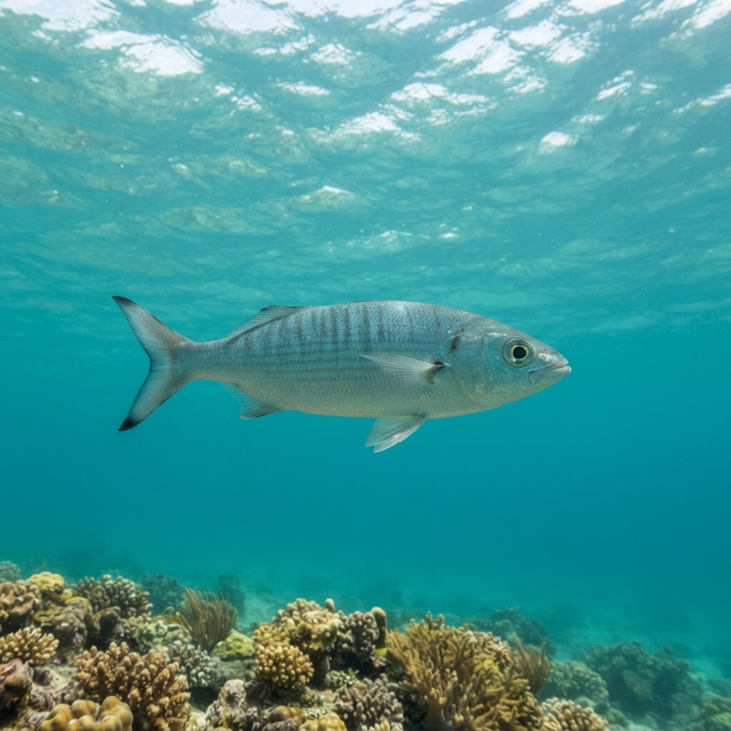 Australian Herring, a slender silver fish with a faint dark shoulder spot, schooling over a sandy reef edge.