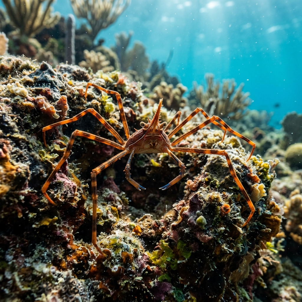 Arrow crab with long spindly legs and a sharply pointed triangular body perched on a coral reef.