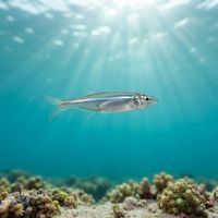 Small silver Hardhead Silverside with a bright lateral stripe schooling near a shallow reef.