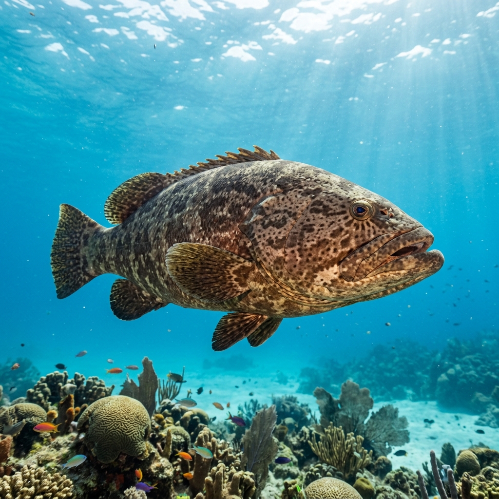 Atlantic Goliath Grouper, a massive brown-spotted fish with a broad head and thick body, hovering near a coral reef.