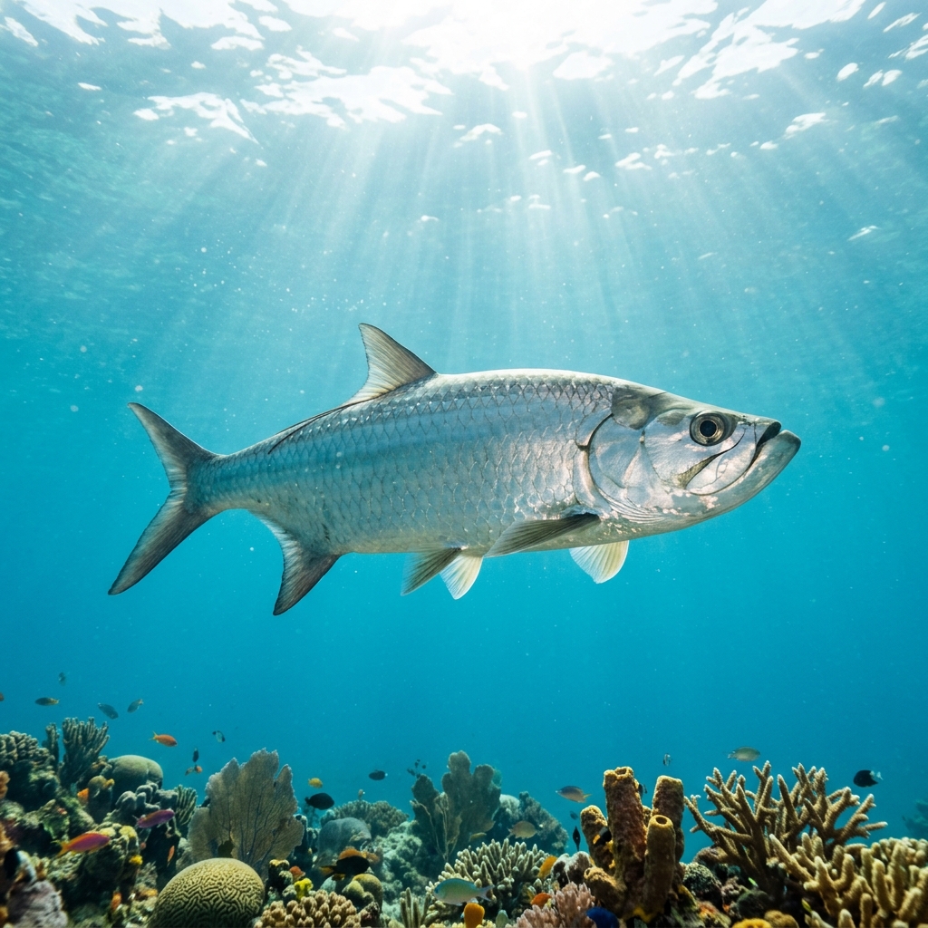 Atlantic Tarpon, a large silver fish with a deeply forked tail and large scales, swimming in open blue water.