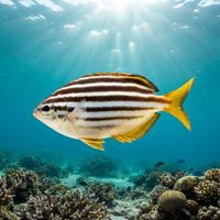 Small silvery Mado fish with yellow horizontal stripes schooling over a rocky reef.