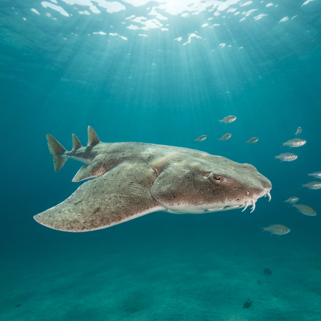 Australian Angel Shark lying camouflaged on a sandy seafloor, showing flattened body with broad pectoral fins and mottled grey-brown patterning.