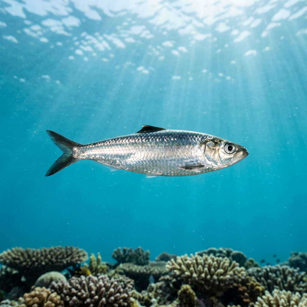 Baitfish (Clupeiformes spp.) swimming in its natural underwater habitat