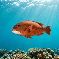 Baldchin Groper adult with greenish-pink colouration and chunky body swimming close to a rocky reef in Western Australia.