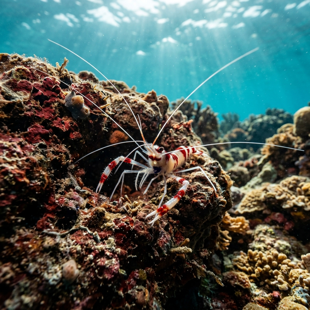 Banded Coral Shrimp (Stenopodidae spp.) on a coral reef
