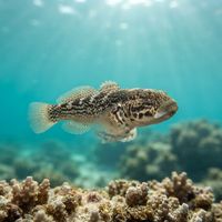 Banded goby resting on a rock, mottled brown-grey body with darker bands, blending into a rocky reef.