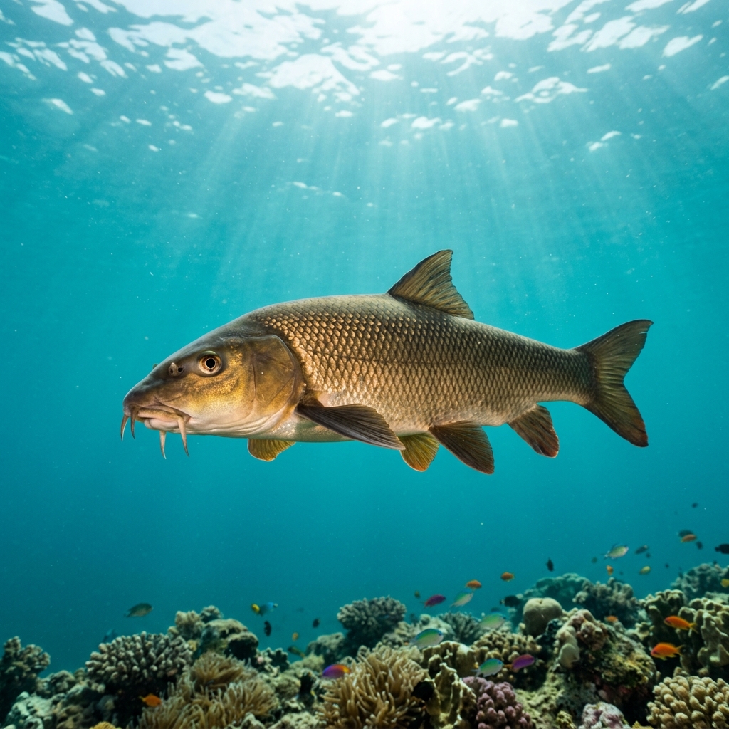 Barbel resting near a riverbed, showing its elongated bronze-green body, downturned mouth, and four fleshy barbels around the lips.