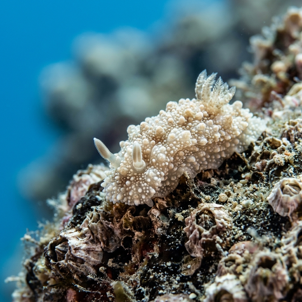 Barnacle-eating Dorid (Onchidoris bilamellata) on the ocean floor