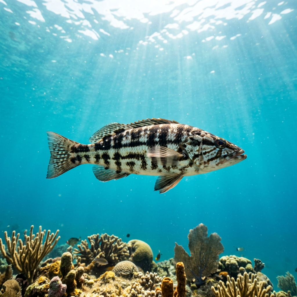 Sea bass resting on a rocky reef, showing mottled brown and grey patterning with a large mouth and robust body.