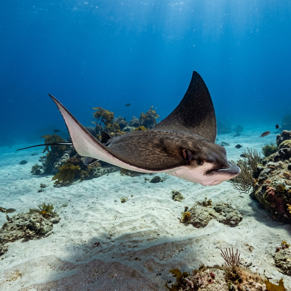 Bat Ray (Myliobatis californica) gliding over the seafloor