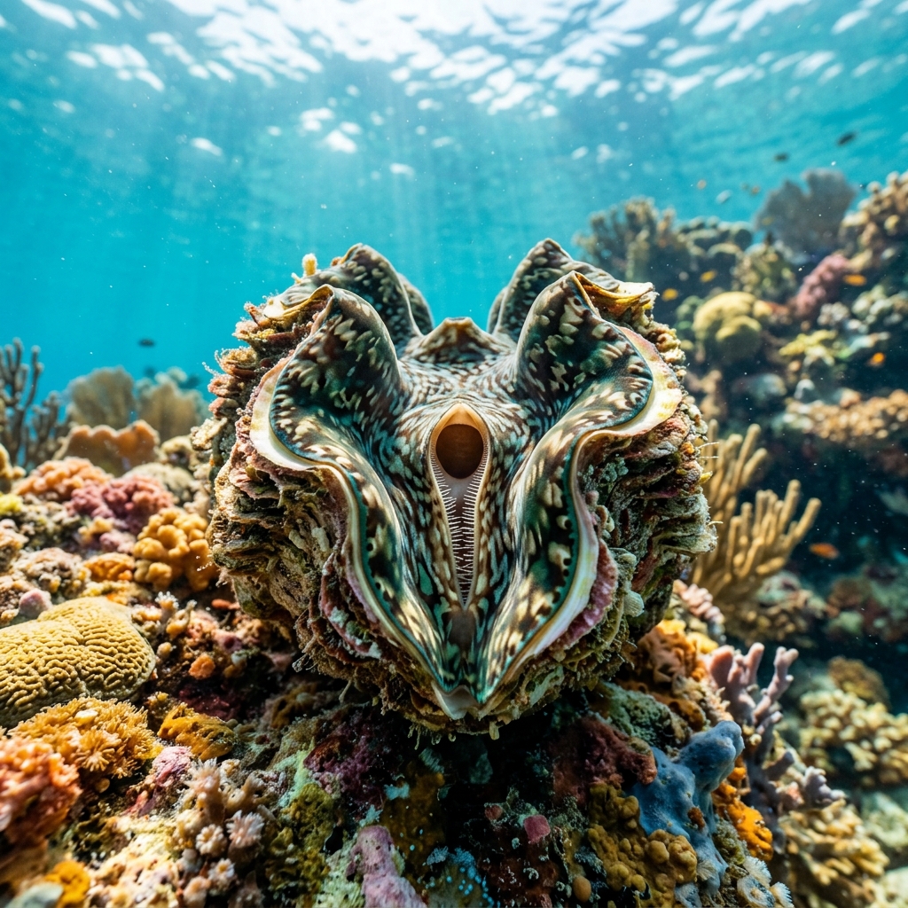 Bear Paw Clam with thick, ridged white shell and scalloped edges resting on a shallow coral reef.
