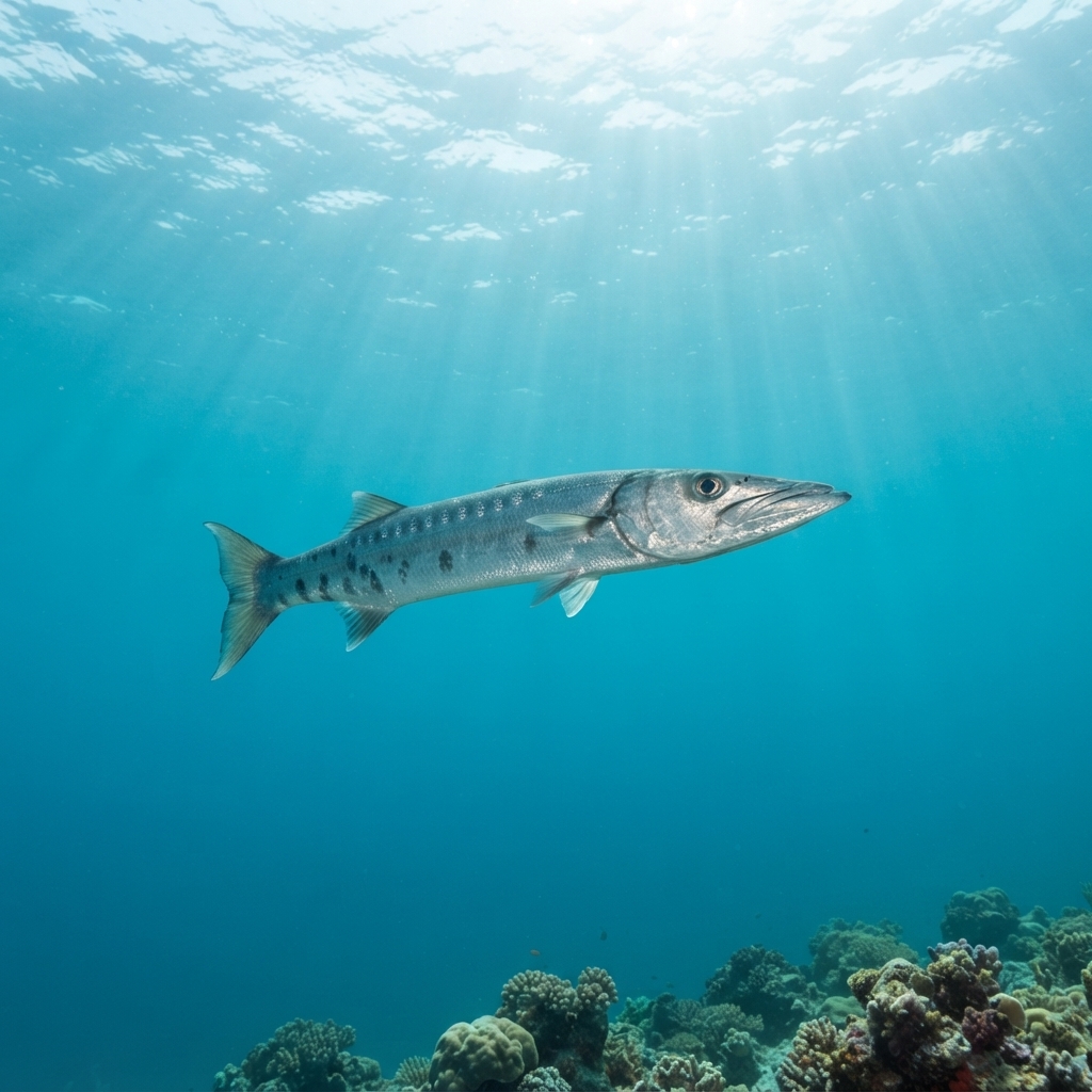 Adult bigeye barracuda with silver body and large dark eye hovering over a coral reef wall.