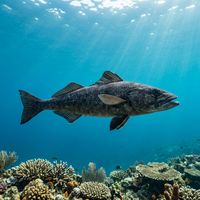 Black Cod, a dark-bodied elongate fish with smooth skin, resting near a rocky reef in cold temperate water.
