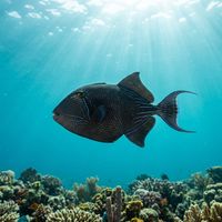 Black Durgeon triggerfish with deep blue-black body and pale blue lines at the base of the dorsal and anal fins, swimming over a coral reef.