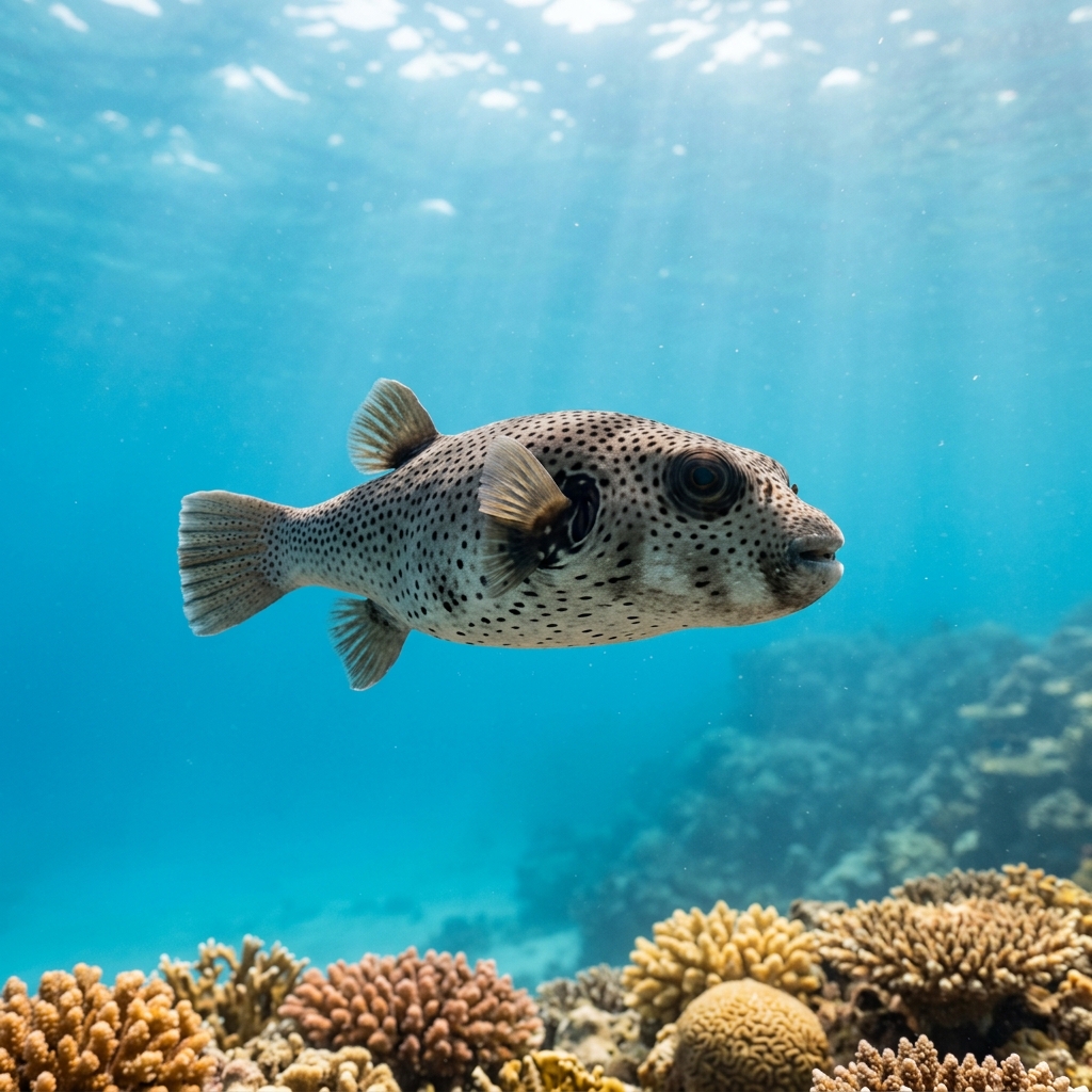 Blackspotted pufferfish with pale grey-blue body covered in small black spots resting near a coral reef.