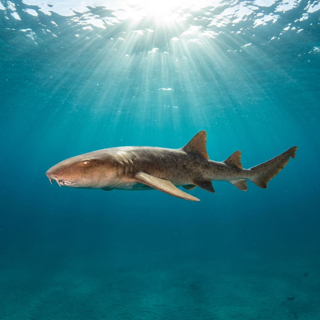Blind shark resting on a rocky reef, showing its brown body with pale spots and blunt rounded snout.