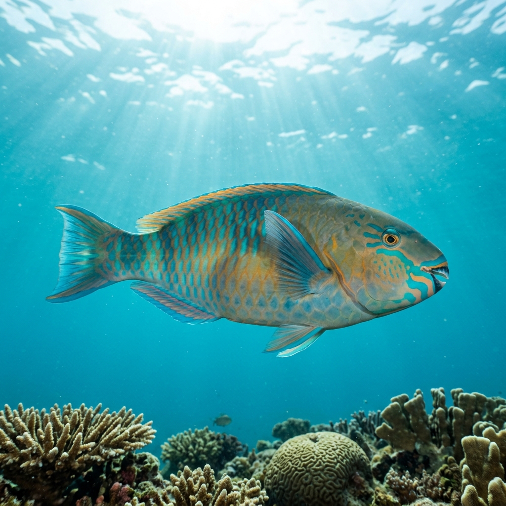 Blue-barred Parrotfish with blue-green scaling and orange-pink facial markings swimming over a shallow coral reef.