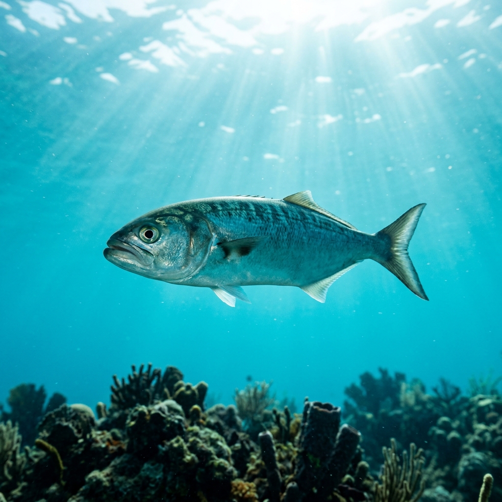 Blue Fish (Pomatomidae spp.) swimming in its natural underwater habitat