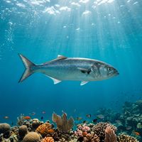 Blue fish showing streamlined silver-blue body and forked tail in open blue water.