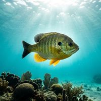 Blue gill freshwater fish showing blue-green iridescent flanks, orange-yellow breast, and rounded body near a submerged rocky bottom.