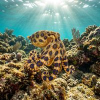 Blue-ringed octopus showing vivid iridescent blue rings across its pale yellow-brown body, resting on a sandy reef floor.