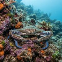 Blue swimmer crab with mottled blue-grey shell and paddle-shaped rear legs resting on sandy seafloor.