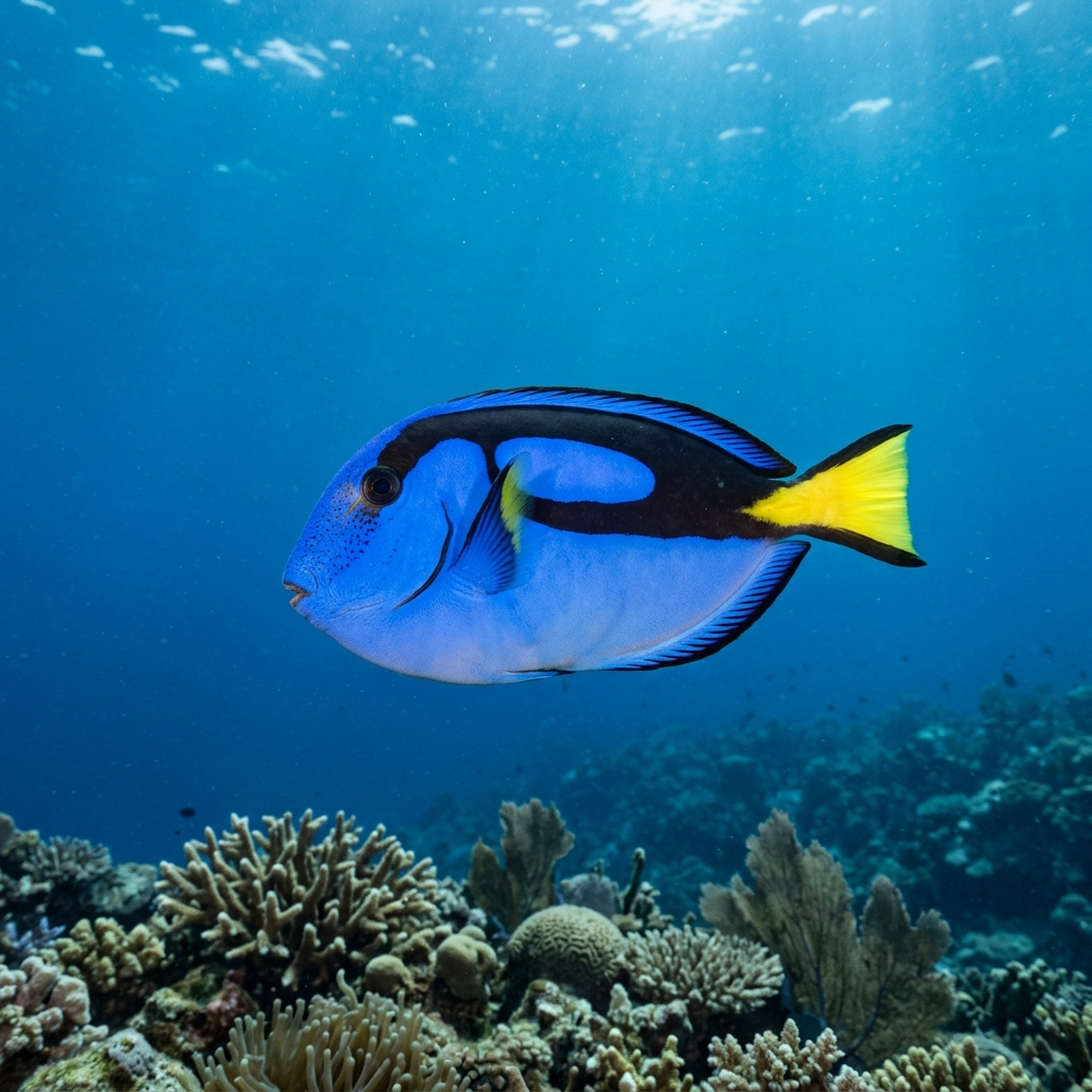 Blue Tang (Paracanthurus hepatus) swimming in its natural underwater habitat