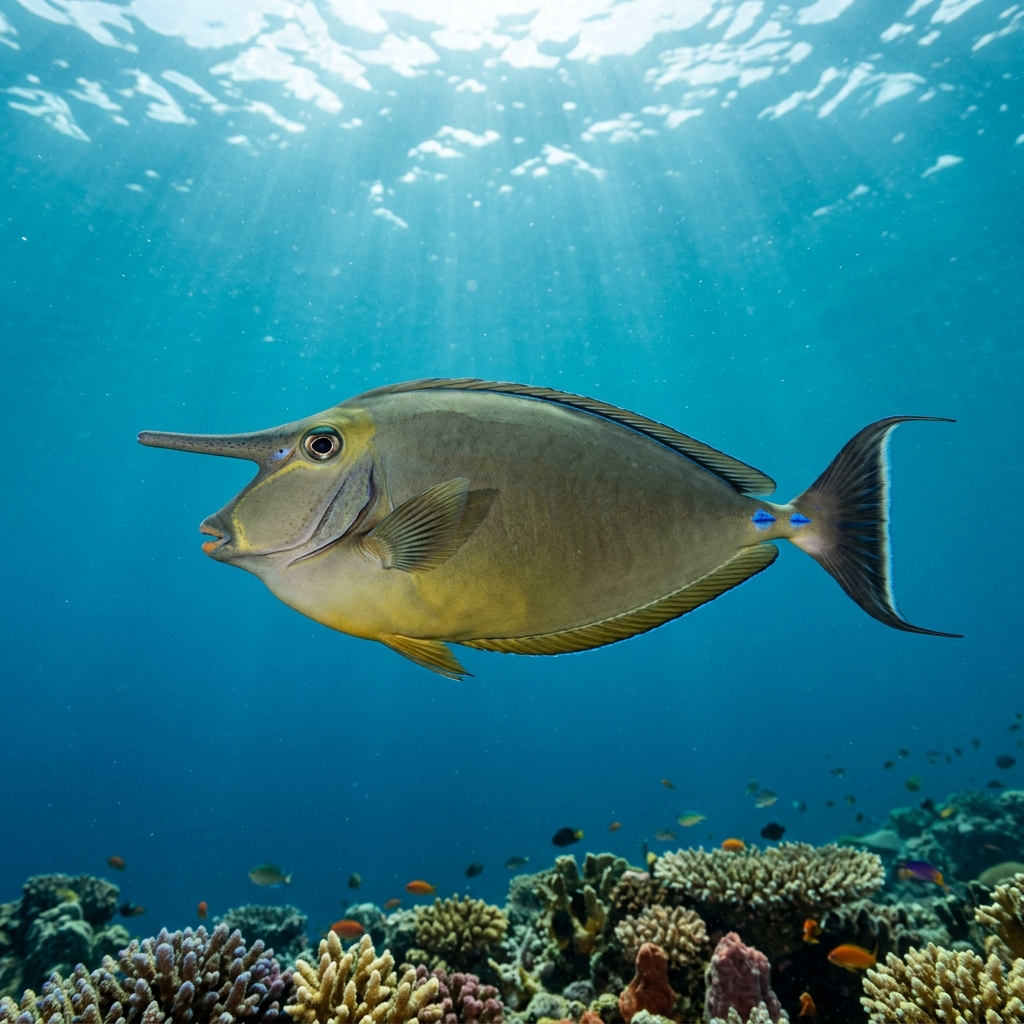 Bluespine Unicornfish with a prominent rostral horn, grey-olive body and vivid blue tail spines swimming along a coral reef.