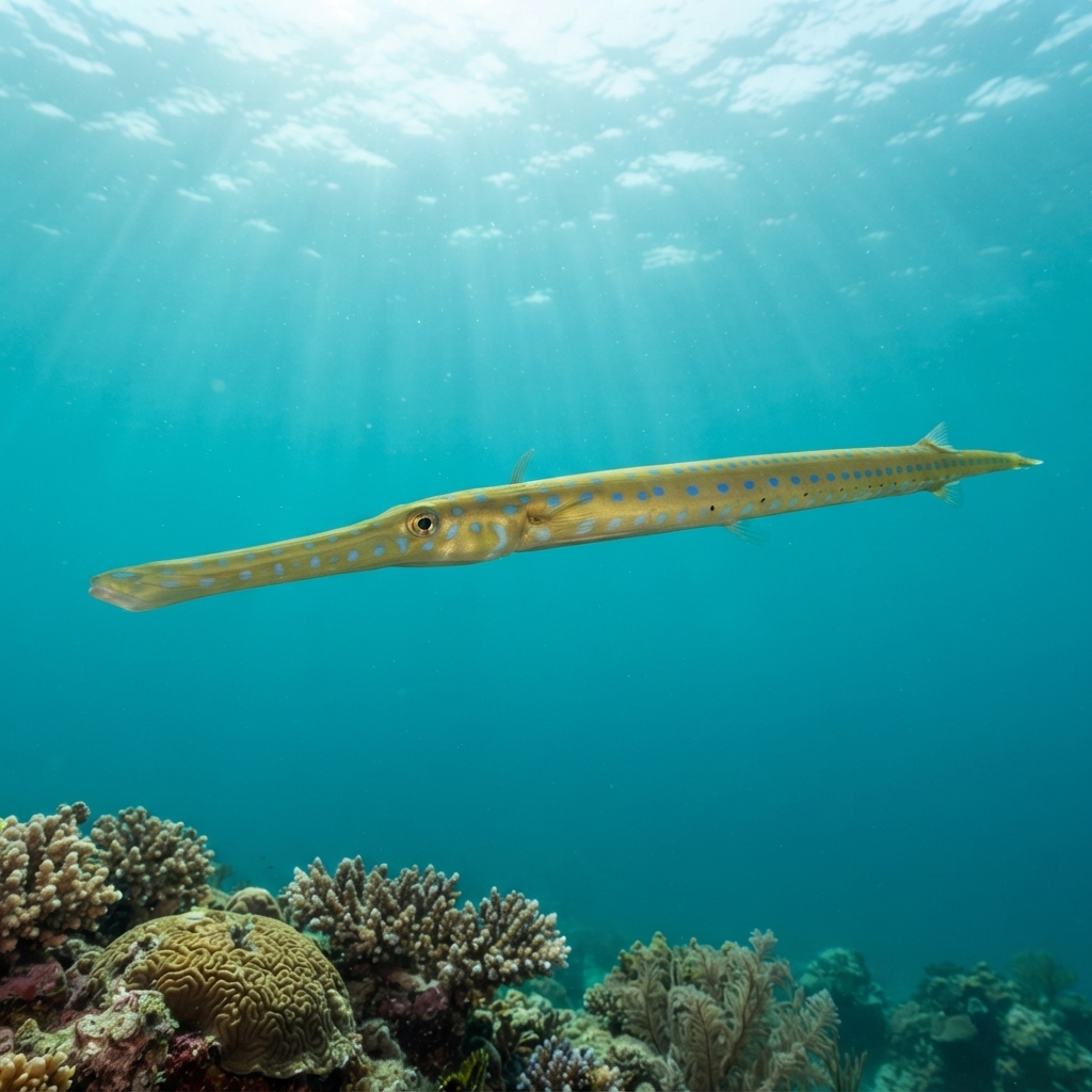 Adult bluespotted cornetfish, long thin silvery-brown body with blue spots, hovering near a rocky reef.