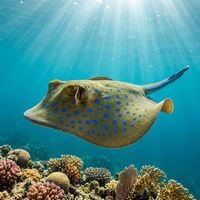 Bluespotted Fantail Ray with vivid electric-blue spots on an olive-yellow disc resting on sandy reef bottom.