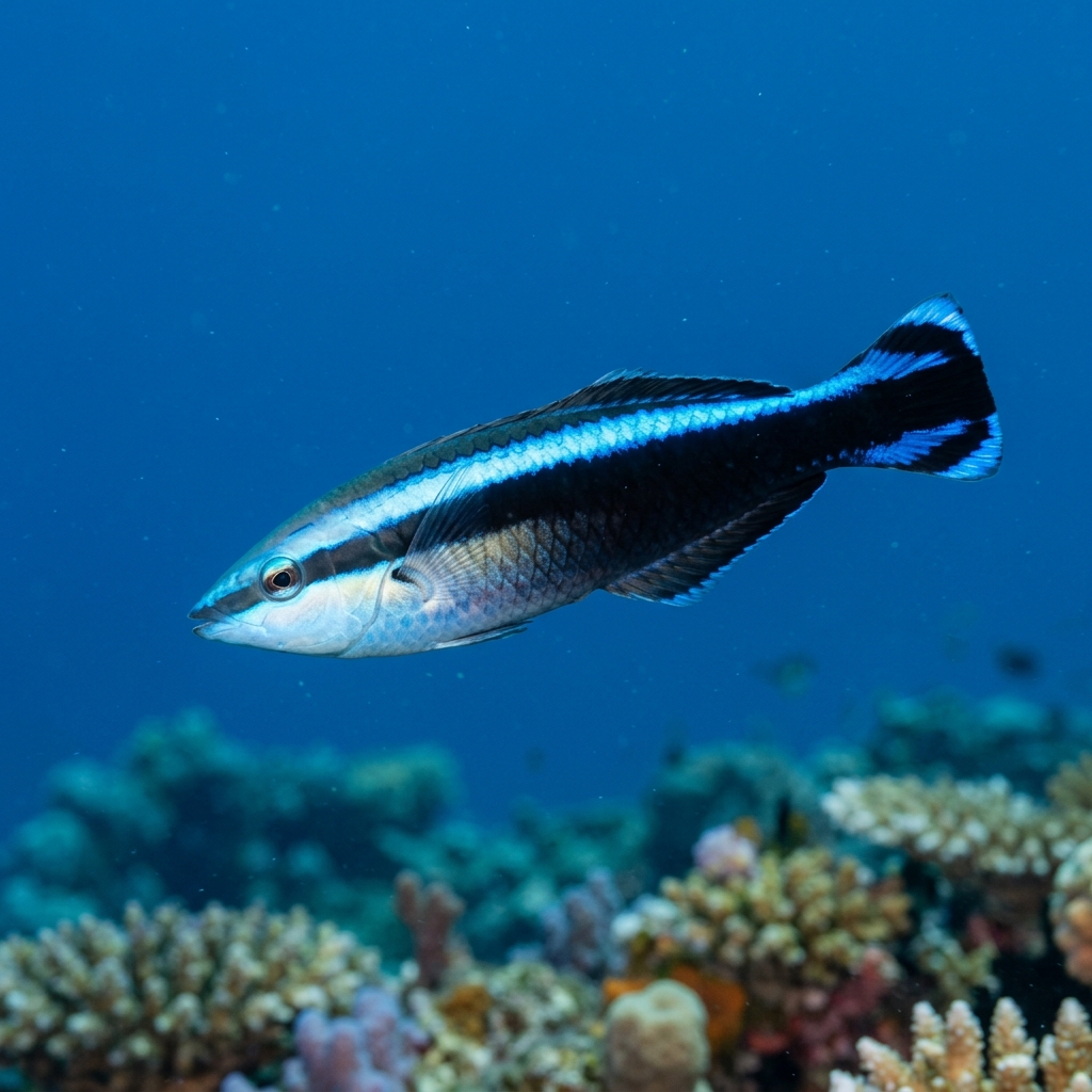 Bluestreak Cleaner Wrasse (Labroides dimidiatus) swimming in its natural underwater habitat